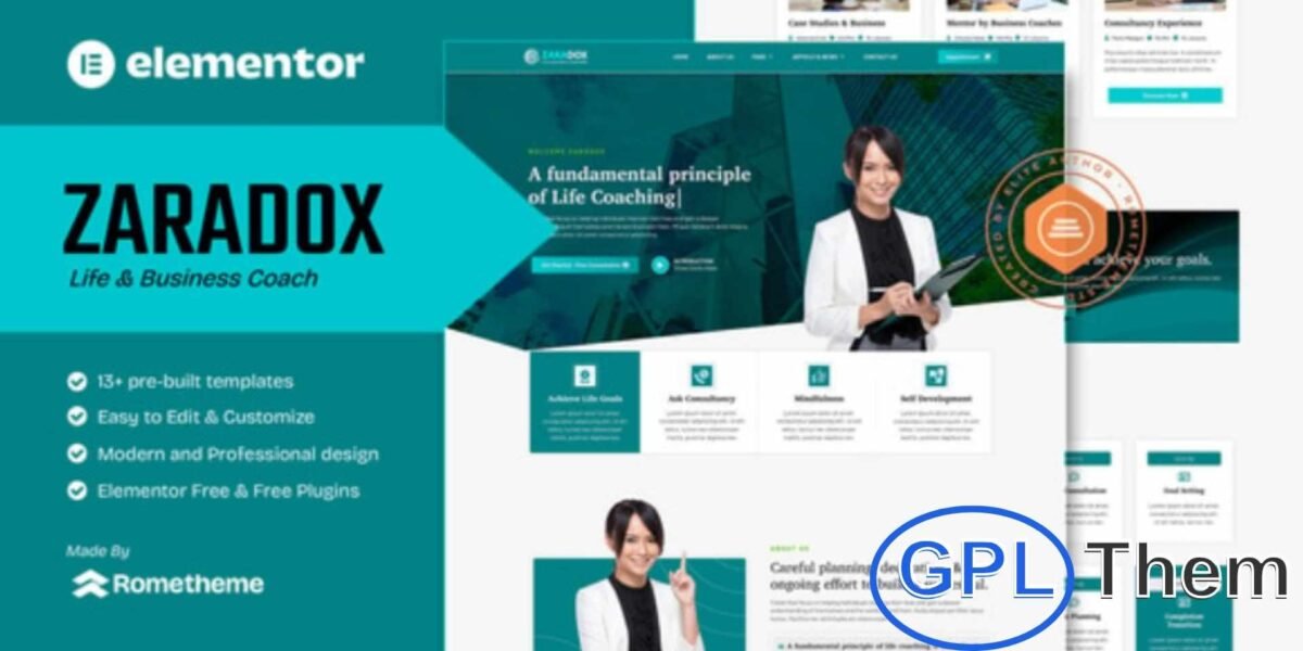 Zaradox – Life & Business Coach Elementor Template Kit Zaradox is a modern Elementor Template Kit designed for life coaches, business mentors, and personal development experts. This kit includes a wide range of templates for coaching services, online courses, mentorship programs, and professional consultations.