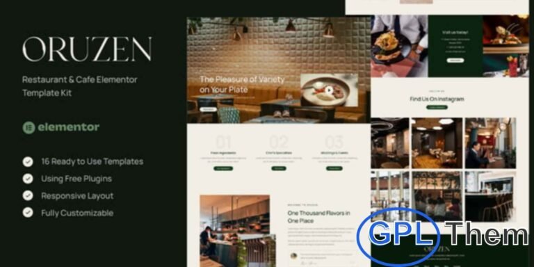Oruzen – Restaurant & Cafe Elementor Template Kit Oruzen is a modern and stylish Elementor Template Kit designed for restaurants, cafes, bakeries, fast food outlets, tea or coffee shops, seafood restaurants, and catering businesses.