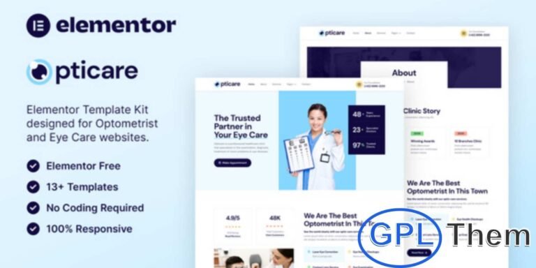 OptiCare – Optometrist & Eye Care Elementor Template Kit OptiCare is a sleek and modern Elementor Template Kit designed for optometrists, eye clinics, and vision care professionals.