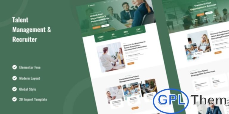 Talento – Talent Management & Recruiter Elementor Template Kit Talento is a professional Elementor Template Kit designed for talent management, recruitment agencies, and HR service websites. Built with the free version of Elementor, this kit offers clean, modern layouts that are fully responsive and easy to customize.