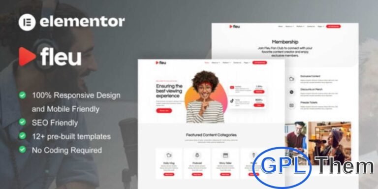 Fleu – Creative Content Creators Elementor Template Kit Fleu is a modern Elementor Template Kit designed for content creators, digital storytellers, and creative agencies. With its clean, professional, and responsive design, Fleu makes it easy to build a stunning website that highlights your creative services and projects.