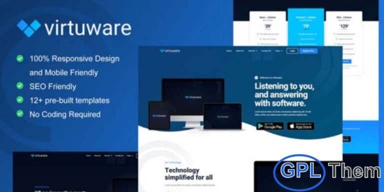Virtuware – SaaS & Digital Company Elementor Template Kit Virtuware is a sleek and innovative Elementor Template Kit crafted for SaaS Platforms, Technology Companies, Startups, and Digital Agencies. Featuring 12 pre-built templates with a clean, modern, and professional design, Virtuware helps you build a high-performing WordPress website that highlights your digital products, IT services, and business solutions.