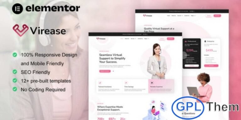 Virease – Virtual Assistant Service Elementor Pro Template Kit Virease is a modern and stylish Elementor Pro Template Kit crafted for Virtual Assistant Services, Digital Agencies, and Remote Business Solutions. Featuring 12+ pre-built templates with a clean and professional layout, this kit allows you to design a high-performing website quickly and effortlessly.