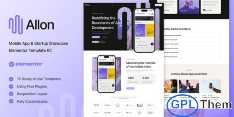 Allon – Mobile App & Startup Showcase Elementor Template Kit Allon is a modern and professional Elementor Template Kit designed for mobile apps, tech startups, SaaS platforms, and digital agencies. Perfect for showcasing your app features, downloads, and services, Allon features a clean, sleek, and fully responsive layout that looks stunning on all devices.