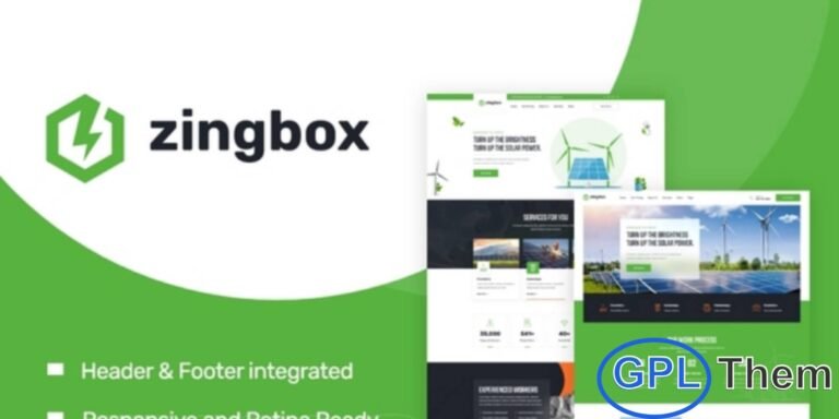 Zingbox – Wind & Solar Energy Elementor Template Kit Zingbox is a modern and eco-friendly Elementor Template Kit designed for businesses in the renewable energy sector, including solar power, wind energy, hydropower, green energy, and clean technology industries.