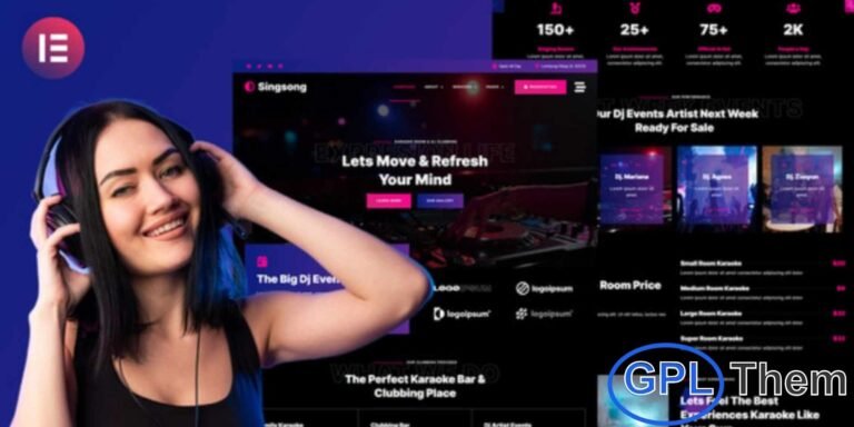 Singsong – Karaoke Rooms & DJ Clubbing Elementor Template Kit Singsong is a stylish and modern Elementor Template Kit designed for karaoke lounges, DJ clubs, and nightlife venues. Perfect for creating a vibrant and engaging online presence, Singsong features a clean and professional design optimized for Elementor Pro.