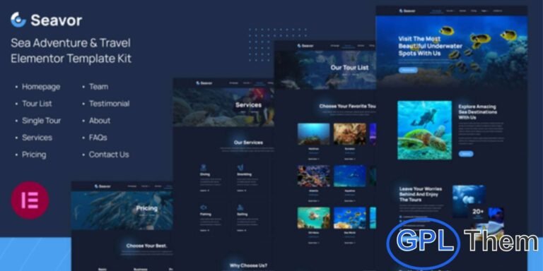 Seavor – Sea Adventure & Travel Elementor Template Kit Seavor is a fully featured Elementor Template Kit crafted for Sea Adventure and Travel businesses, including Scuba Diving Schools, Water Sports Centers, Snorkeling Tours, Swimming Clubs, Surfing Adventures, and other marine-related services.