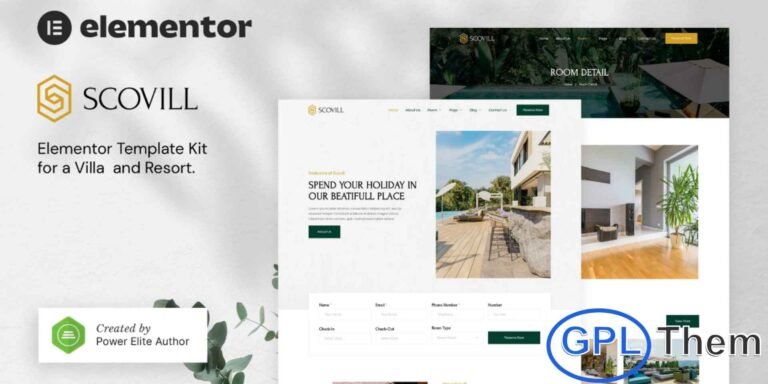 Scovill – Luxury Villa & Resort Elementor Template Kit Scovill is an elegant and modern Elementor Template Kit crafted for luxury villas, resorts, boutique hotels, guest houses, and vacation or hospitality businesses. Designed to deliver a premium browsing experience, this template kit combines stylish layouts with a fully responsive and retina-ready design.