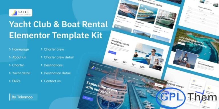 Saile – Yacht Club & Boat Rental Elementor Template Kit Saile is a sleek and modern Elementor Template Kit crafted for yacht clubs, yacht rentals, boat charters, marine services, and water transport businesses. Designed with a clean and professional layout, this kit helps you build a stunning website that highlights your maritime offerings with style.