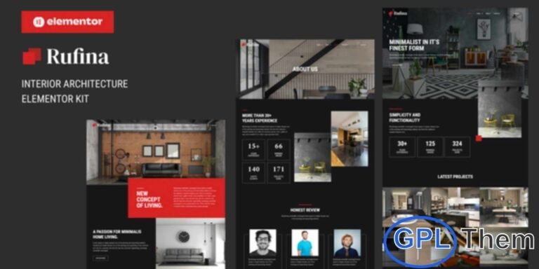 Rufina – Interior Architecture Elementor Template Kit Rufina is an elegant and modern Elementor Template Kit designed for interior designers, architecture firms, creative studios, and décor-focused businesses. Built with a clean aesthetic and responsive Bootstrap framework, this kit ensures your website looks stunning on all devices.