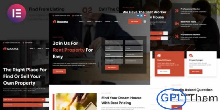 Rooma – Real Estate & House Developer Elementor Template Kit Rooma is a professional Elementor Template Kit designed for real estate agencies, property developers, and house rental or sales businesses. This kit provides a clean, modern, and fully responsive design that allows you to create a professional WordPress website quickly using Elementor Pro.