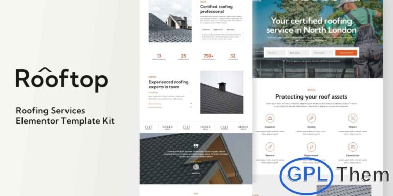 Rooftop – Roofing Service Elementor Template Kit Rooftop is a professional Elementor Template Kit designed specifically for roofing service websites. It features a modern, clean, and simple design, making it ideal for businesses in the roofing industry. The kit is fully compatible with the free Elementor version and includes ready-to-import templates that can be easily customized for roofing services such as roof installation, roof coating, roof inspection, roof replacement, flashing, and other related services.