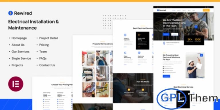 Rewired – Electrical Installation & Maintenance Services Elementor Template Kit Rewired is a professional and modern Elementor Template Kit designed for electricians, electrical service companies, handymen, air conditioning services, and other home improvement or maintenance businesses. With a clean and responsive design, this kit ensures a polished online presence that works seamlessly across all devices.