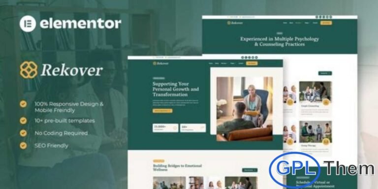 Rekover – Psychology & Counseling Elementor Template Kit Rekover is a modern and elegant Psychology & Counseling Elementor Template Kit created for therapists, psychologists, counselors, psychiatrists, and mental health clinics. Designed with a clean, calming, and professional style, this template kit helps you present your services, expertise, and therapy programs in a trustworthy and approachable way.