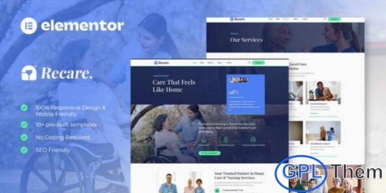 Recare – Home Care & Private Nursing Elementor Template Kit Recare is a modern and elegant Home Care & Private Nursing Elementor Template Kit designed for home care services, private nursing, elderly care, rehabilitation centers, and medical healthcare providers. With its clean, gentle, and professional design, Recare helps you build a trustworthy online presence that highlights your services, caregivers, and patient support programs.