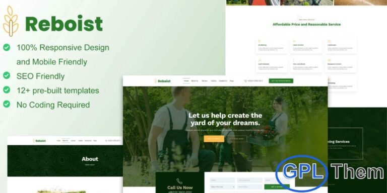 Reboist – Landscape & Gardening Elementor Template Kit Reboist is a beautifully crafted Landscape & Gardening Elementor Template Kit designed for gardening services, landscaping companies, lawn care, outdoor decoration, and related green service businesses. Featuring 12+ professionally pre-built templates, Reboist makes it easy to create a stunning website that showcases your services, projects, and expertise in a modern and visually appealing layout.