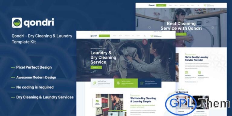 Qondri – Dry Cleaning & Laundry Elementor Template Kit Qondri is a modern and functional Elementor Template Kit designed specifically for laundry businesses and dry cleaning service providers. With its clean layout and highly customizable elements, Qondri allows you to create a powerful and professional website for showcasing services such as laundry care, dry cleaning, leather cleaning, ironing, and more.