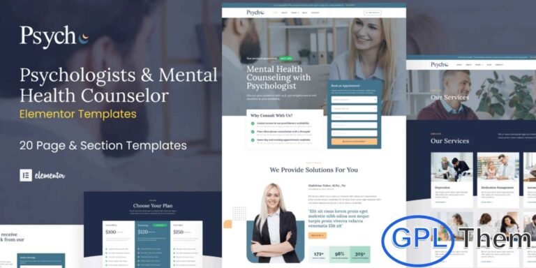 Psych – Mental Health Counselor Elementor Template Kit Psych is a beautifully crafted Elementor Template Kit designed for psychologists, psychiatrists, therapists, mental health counselors, and wellness practitioners. It features a calming, modern design that helps build trust and clearly communicates your services.