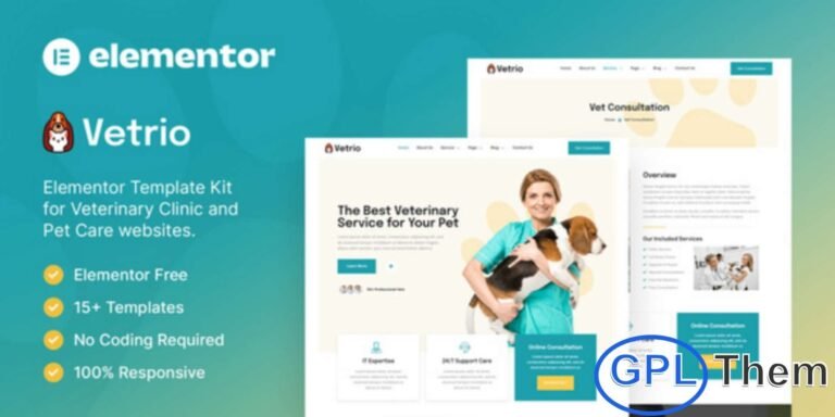 Vetrio – Veterinary Clinic & Pet Care Elementor Template Kit Vetrio is a modern and beautifully crafted Elementor Template Kit designed for Veterinary Clinics, Pet Care Centers, Pet Shops, Animal Shelters, Pet Hospitals, Grooming Salons, and Pet Adoption websites.