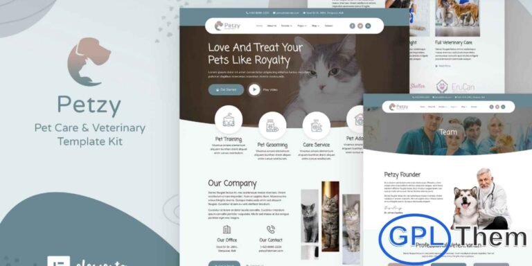 Petzy – Pet Care & Veterinary Elementor Template Kit Petzy is a modern, clean, and beautifully designed Elementor Template Kit tailored for all types of pet care and veterinary websites. Whether you’re running a pet daycare, grooming salon, pet shop, veterinary clinic, pet hospital, or any other pet-related service, Petzy offers everything you need to create a professional online presence.