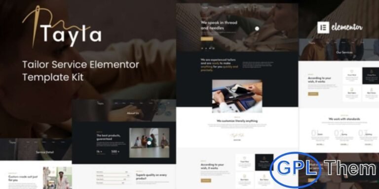 Tayla – Tailor Service Elementor Template Kit Tayla is a modern and elegant Elementor Template Kit designed specifically for tailor service businesses, fashion designers, and custom clothing brands. With its clean and minimalist layout, Tayla helps you create a professional online presence effortlessly.