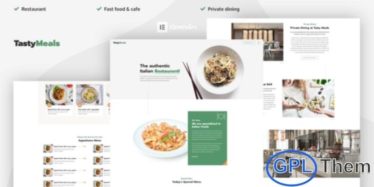TastyMeals – Restaurant & Cafe Elementor Template Kit TastyMeals is a beautifully designed Elementor Template Kit perfect for restaurants, cafes, bistros, and coffee shops. With its modern and appetizing design, this template helps you showcase your menu, highlight special dishes, and attract more customers online.