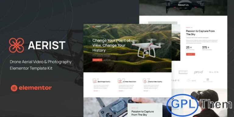 Aerist – Drone Aerial Video & Photography Elementor Template Kit Aerist is a modern and professionally crafted Elementor Template Kit designed for drone rental companies, aerial videography services, and drone photography businesses. With its clean, sleek, and visually engaging layout, Aerist makes it easy to build a high-quality website that showcases your services with impact.