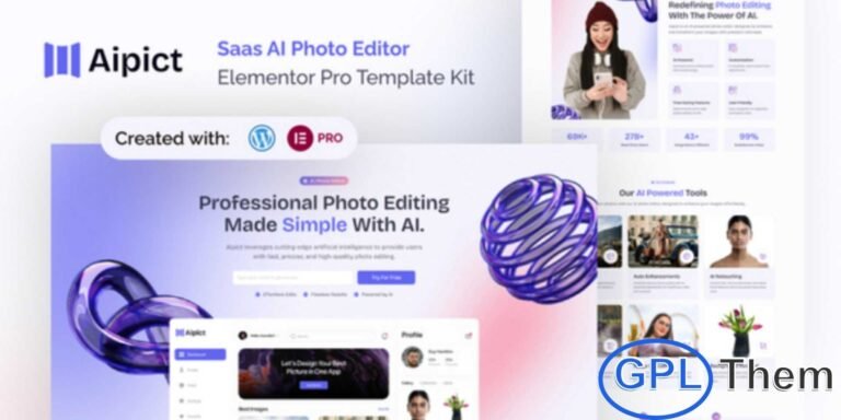 Aipict – SaaS AI Photo Editor Website Elementor Pro Template Kit Aipict is a modern and versatile Elementor Pro Template Kit crafted for SaaS-based AI photo editing platforms, tech startups, and creative software companies. Designed with a clean, futuristic, and fully responsive layout, Aipict helps you build a professional website that highlights your AI tools, editing features, and subscription plans.