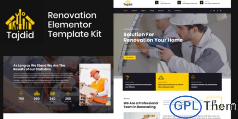 Tajdid – Renovation Elementor Template Kit Tajdid is a modern and fully responsive Elementor Template Kit designed for renovation companies, remodeling services, and home improvement businesses. With its clean layout and contemporary design, Tajdid allows you to create a professional website that showcases your projects, services, and expertise beautifully on any device — desktop, tablet, or mobile.