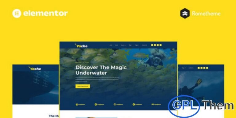 Yache – Scuba Diving Center Elementor Pro Full Site Template Kit Yache is a complete Elementor Pro Template Kit designed for scuba diving centers, diving schools, and water sports websites. It features a modern, ocean-inspired design that perfectly showcases your diving lessons, underwater tours, and adventure packages.