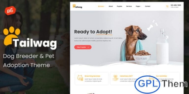 Tailwag – Dog Breeder & Adoption Elementor Template Kit Tailwag is a beautifully crafted Elementor Template Kit designed specifically for dog breeders, pet adoption centers, and animal care services. Featuring a clean, modern, and heartwarming design, Tailwag helps you create an engaging website to showcase your pets, services, and adoption programs professionally.