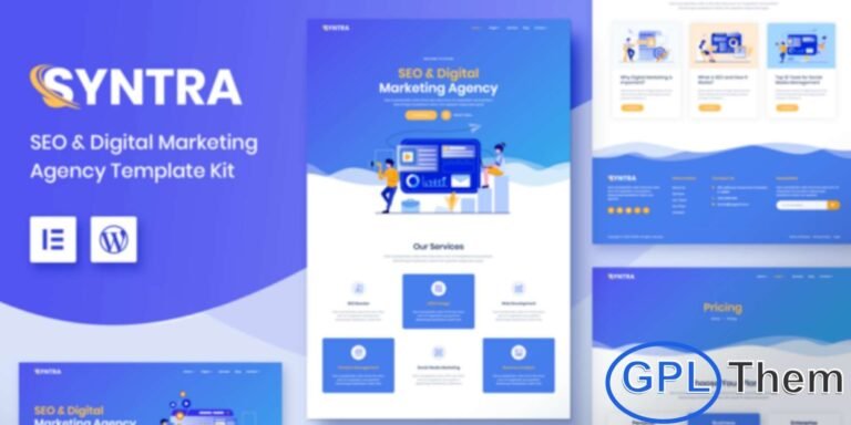 SYNTRA – SEO & Digital Marketing Agency Elementor Template Kit SYNTRA is a modern and powerful Elementor Template Kit designed specifically for SEO agencies, digital marketing firms, and online advertising professionals. With its sleek design and highly functional layout, SYNTRA helps you create a results-driven website that effectively promotes your marketing services.