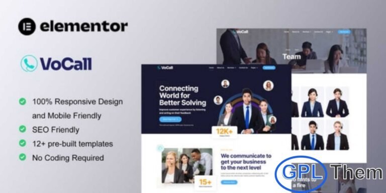 VoCall – Call Center & Telemarketing Elementor Template Kit VoCall is a modern and creative Elementor Template Kit designed specifically for Call Centers, Telemarketing Agencies, and Customer Support Services. Featuring 12+ professionally crafted templates, VoCall helps you build a high-performing WordPress website that showcases your services, team, and expertise in communication-based businesses.