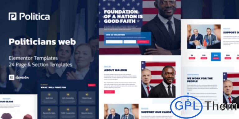 Politica – Politician & Public Servant Elementor Template Kit Politica is a professionally designed Elementor Template Kit tailored for politicians, public servants, government officials, and political campaign teams looking to build a credible and impactful online presence. Perfect for showcasing political agendas, campaign programs, public services, and news updates, this kit offers a clean, modern layout that works seamlessly with WordPress and Elementor.