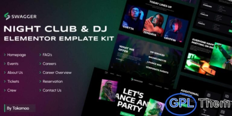 Swagger – Night Club & DJ Elementor Template Kit Swagger is a vibrant and modern Elementor Pro Template Kit designed for nightclubs, DJs, music events, and entertainment venues. With its creative and eye-catching design, Swagger lets you build a professional, engaging website quickly using the Elementor Page Builder for WordPress — no coding required.