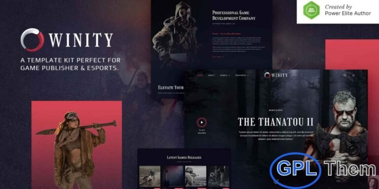 Winity – Game Publisher & eSports Elementor Template Kit Winity is a modern and dynamic Elementor Template Kit built for Game Publishers, eSports Tournaments, Game Developers, Streamers, Review Sites, and Gaming Studios. Featuring a clean and professional design, Winity helps you showcase your games, tournaments, and reviews in a visually engaging way.