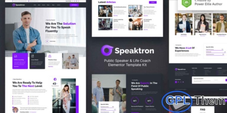 Speaktron – Public Speaker & Life Coach Elementor Template Kit Speaktron is a modern and professional Elementor Template Kit designed for public speakers, life coaches, self-development programs, and personal growth services. Featuring a creative and unique design, Speaktron allows you to build a fully responsive and visually engaging website that highlights your courses, coaching services, and client testimonials