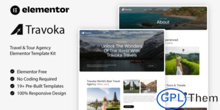 Travoka – Travel & Tour Agency Elementor Template Kit Travoka is a modern and elegant Elementor Template Kit designed specifically for travel agencies, tour operators, and adventure travel websites. With its visually stunning layouts and user-friendly structure, Travoka allows you to beautifully showcase destinations, tour packages, and travel experiences.