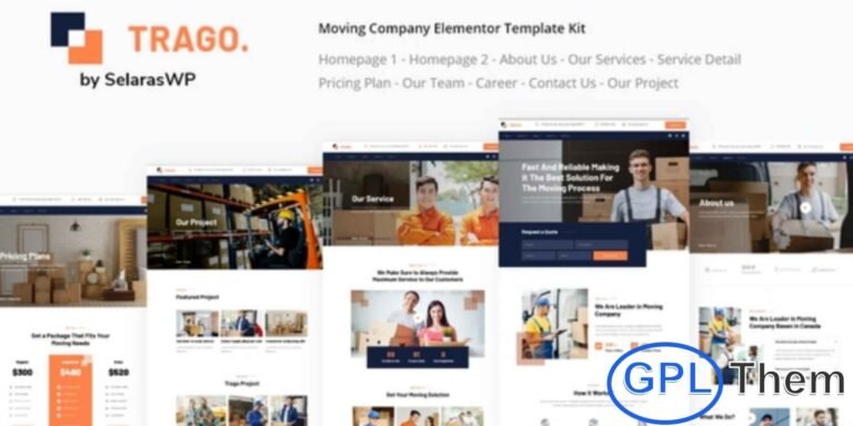 Trago – Movers & Packers Service Elementor Template Kit Trago is a modern and professional Elementor Template Kit designed for moving companies, packers, and storage service providers. It’s perfect for creating a WordPress-based website for relocation services, home and office packing, business logistics, and commercial moving solutions.
