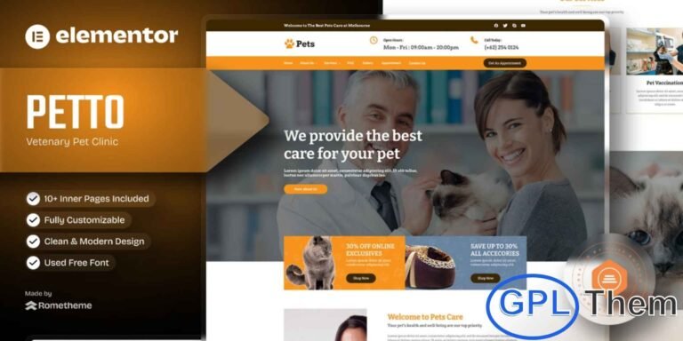 Petto – Veterinary Pet Clinic Elementor Template Kit Petto is a professionally designed Veterinary Pet Clinic Elementor Template Kit, perfect for creating modern and user-friendly websites for pet clinics, animal hospitals, pet care centers, and veterinary services.