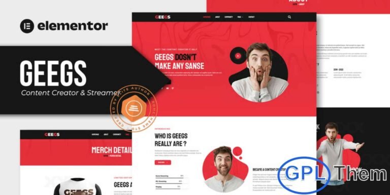 Geegs – Content Creator & Streamer Elementor Template Kit Geegs is a modern and fully responsive Elementor Template Kit designed for content creators, streamers, gamers, and online personalities. With a clean and customizable layout, Geegs allows you to showcase your projects, live streams, gaming highlights, and merchandise effectively.