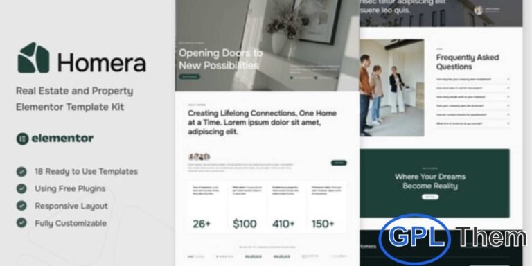 Homera – Real Estate & Property Elementor Template Kit Homera is a modern and professional Elementor Template Kit designed for real estate agencies, property listings, home rentals, property management companies, and property portfolio websites. Featuring a clean, minimalist, and fully responsive design, Homera makes it easy to showcase properties, services, agents, and company information.