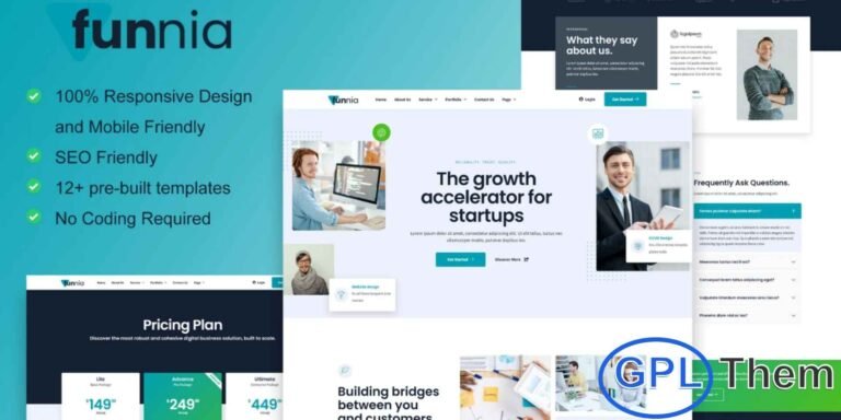 Funnia – Digital Agency Elementor Template Kit Funnia is a modern and fully responsive Elementor Template Kit designed for digital agencies, creative studios, and tech service providers. With 12 pre-built templates featuring a sleek and contemporary style, Funnia is ideal for businesses offering services such as graphic design, website development, SEO, digital marketing, advertising, social media management, and app development.
