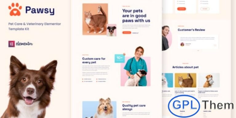 Pawsy – Pet Care & Veterinary Elementor Template Kit Pawsy is a modern and user-friendly Elementor Template Kit designed for pet shops, pet care centers, veterinary clinics, pet spas, and animal health services.