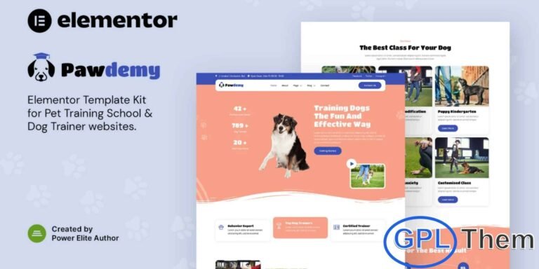 Pawdemy – Pet Training Academy Elementor Template Kit Pawdemy is a modern and clean Elementor Template Kit crafted for Dog Training Academies, Pet Trainers, Pet Sitters, Puppy Schools, and other animal-related services. Designed to help you build a professional and engaging website, this kit features a fully responsive layout that looks great on all devices.