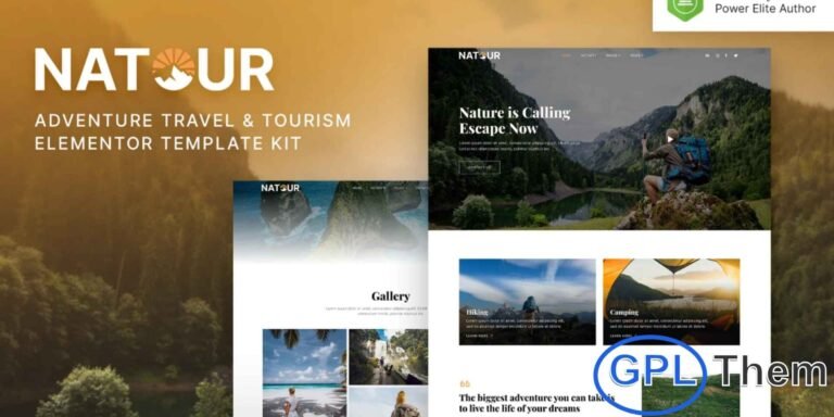 Natour – Adventure Travel & Tourism Elementor Template Kit Natour is a modern and clean Elementor Template Kit crafted for adventure travel agencies, tour operators, tourism companies, and outdoor activity websites. Designed for quick and easy website creation, this kit offers beautifully structured layouts that are fully responsive, retina-ready, and simple to customize using Elementor.