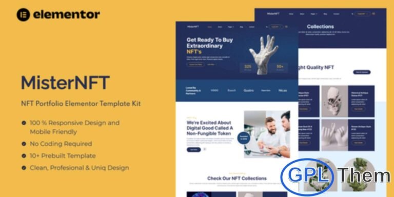 MisterNFT – NFT Portfolio Elementor Template Kit MisterNFT is a modern and user-friendly Elementor Template Kit designed for creating professional NFT portfolio and digital asset showcase websites. Packed with beautifully crafted pre-made templates, this kit allows you to build a complete website without writing a single line of code.