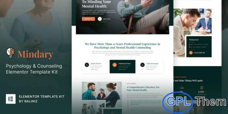 Mindary – Psychology & Counseling Elementor Template Kit Mindary is a modern and professional Elementor Template Kit crafted for psychologists, therapists, counselors, and mental health professionals. Featuring a clean, elegant, and visually engaging design, Mindary allows you to create a fully responsive website that looks great on all devices.