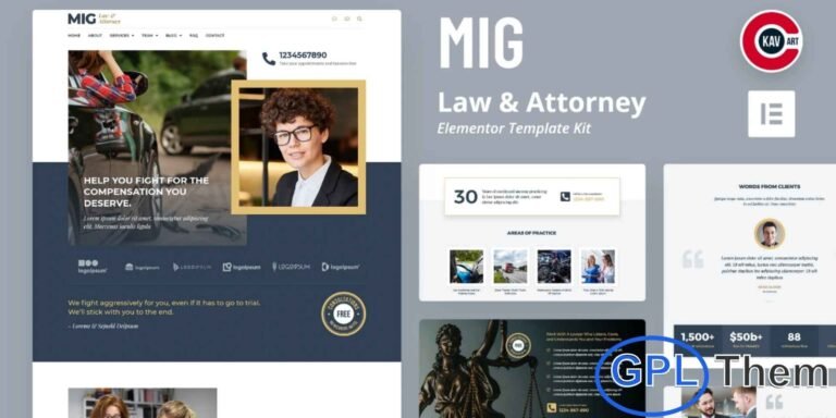 Mig – Law & Attorney Elementor Template Kit Mig is a modern and professional Elementor Template Kit designed for law firms, attorneys, legal advisers, barristers, solicitors, advocates, and consultancy services. With its clean, responsive, and visually appealing design, Mig helps you promote your legal services, showcase achievements, and present your team effectively.