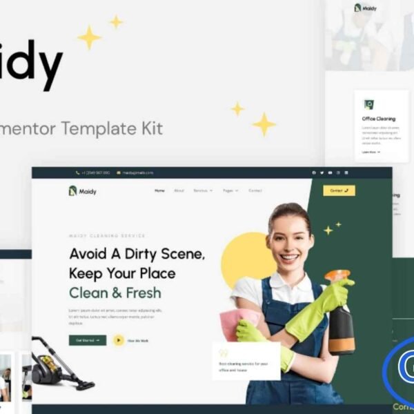 Maidy – Cleaning Service Elementor Template Kit Maidy is a modern and professional Elementor Template Kit designed for cleaning service companies, home cleaning, office cleaning, apartment cleaners, and related businesses. Featuring a clean, simple, and visually appealing design, Maidy allows you to create a fully responsive website that works seamlessly on all devices.